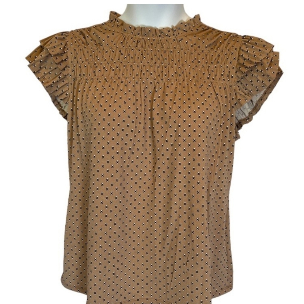 🧹Adrianna Papell Tan Smocked Blouse with Mandarin Collar🧹